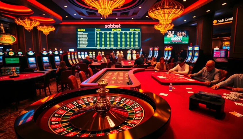 Experience sbobet excitement at a vibrant casino with poker tables and roulette wheel.
