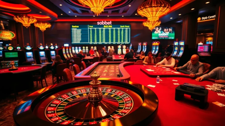 Experience sbobet excitement at a vibrant casino with poker tables and roulette wheel.