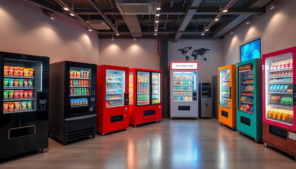 Innovative snack machine manufacturers displaying advanced vending solutions in a vibrant showroom.