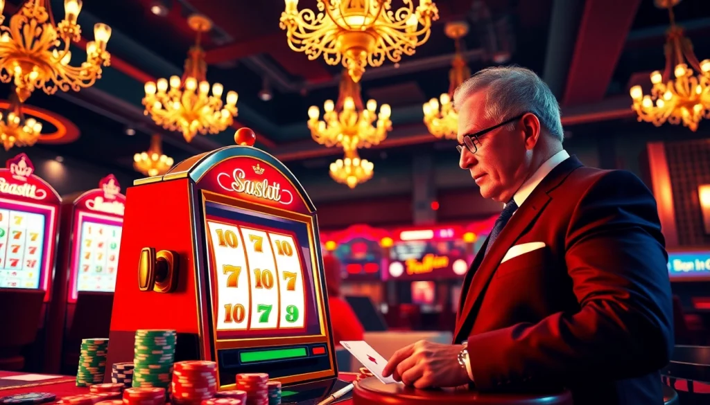 Engaging scene illustrating slot gacor hari ini with a player winning on a slot machine surrounded by casino elements.