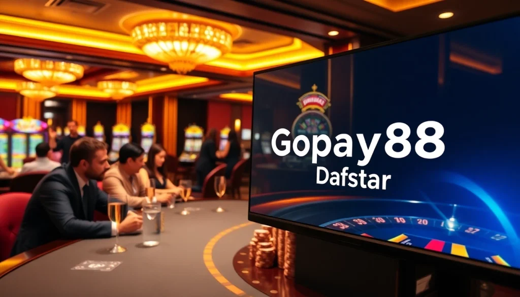 Gopay88 Daftar showcases a vibrant casino table with players enjoying poker and slot machines.
