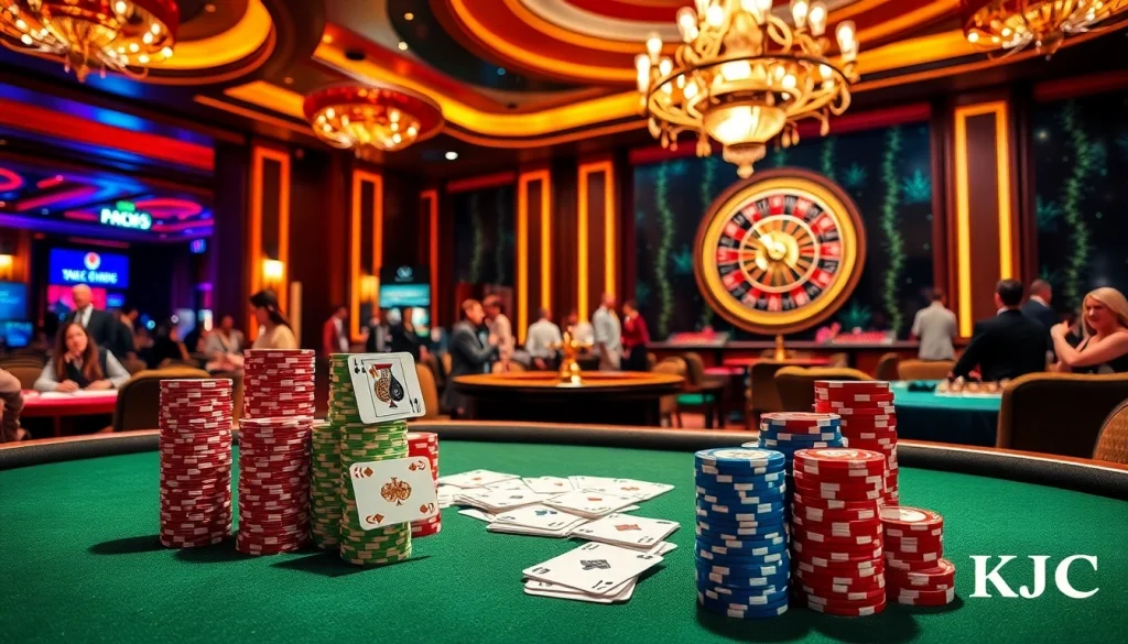 Exciting gambling scene featuring KJC branding at a luxurious casino poker table with vibrant playing cards.