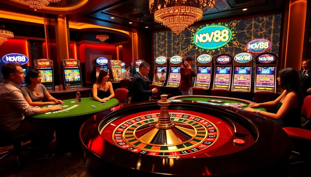 Experience a thrilling roulette game at nova88 casino, featuring glamorous players and vibrant poker chips.