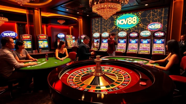 Experience a thrilling roulette game at nova88 casino, featuring glamorous players and vibrant poker chips.