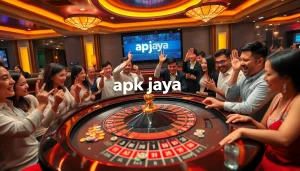 Engage with apk jaya as players celebrate at a luxurious roulette table in a vibrant casino atmosphere.