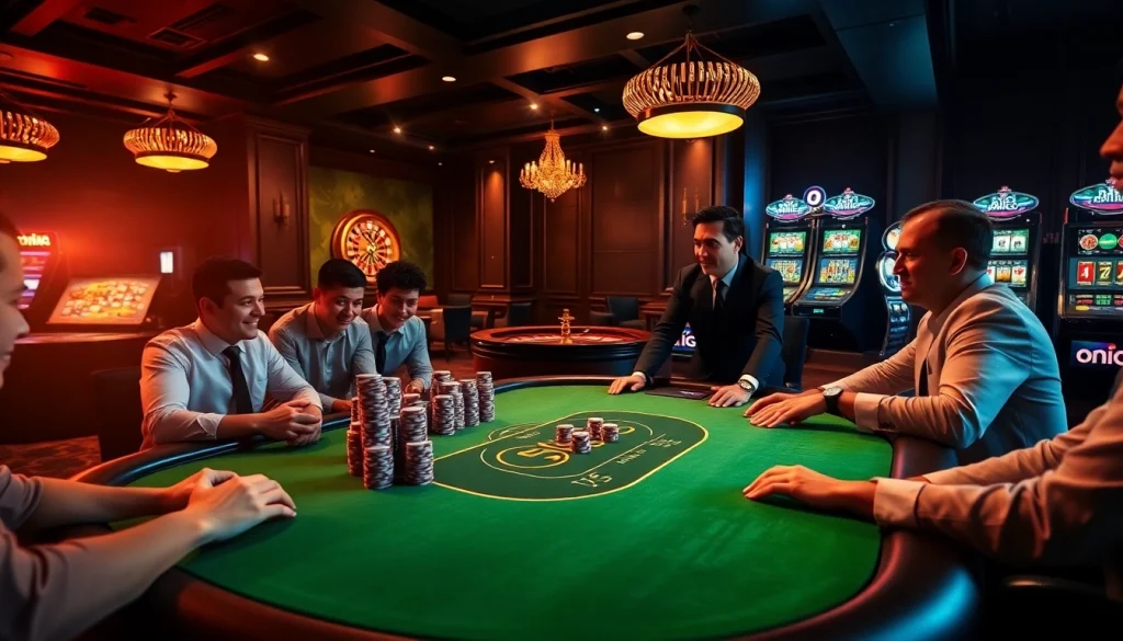 Experienced players enjoying a thrilling poker game featuring the onicplay brand in a luxurious casino.