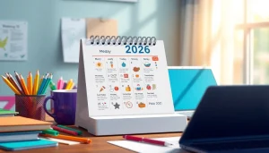 Calendar with holidays in 2026 featuring U.S. festivities, vibrant desk setup with coffee and stationery.