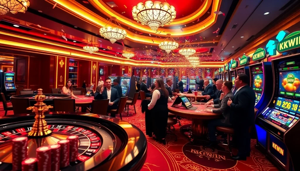 Exciting KKWIN casino scene with vibrant poker tables and winning players celebrating.