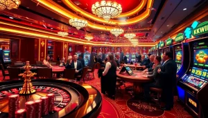 Exciting KKWIN casino scene with vibrant poker tables and winning players celebrating.