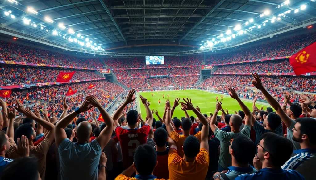 أجواء مباراة كرة قدم حية مثيرة تُبرز كورة لايف مع جمهور مشجعولاعبين في الملعب