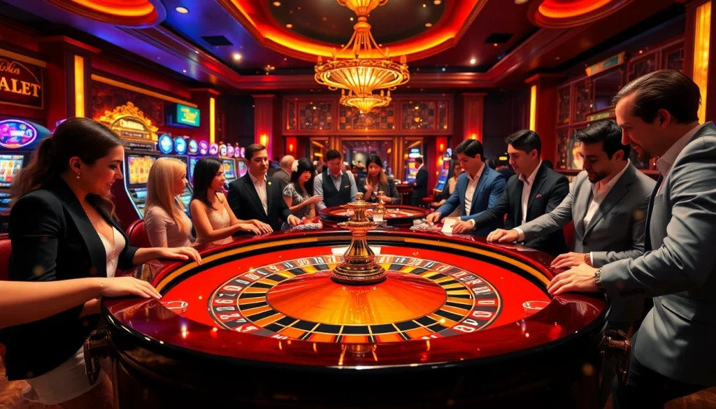 Players enjoying an exciting game at the luck8 casino roulette table, showcasing vibrant gambling energy.