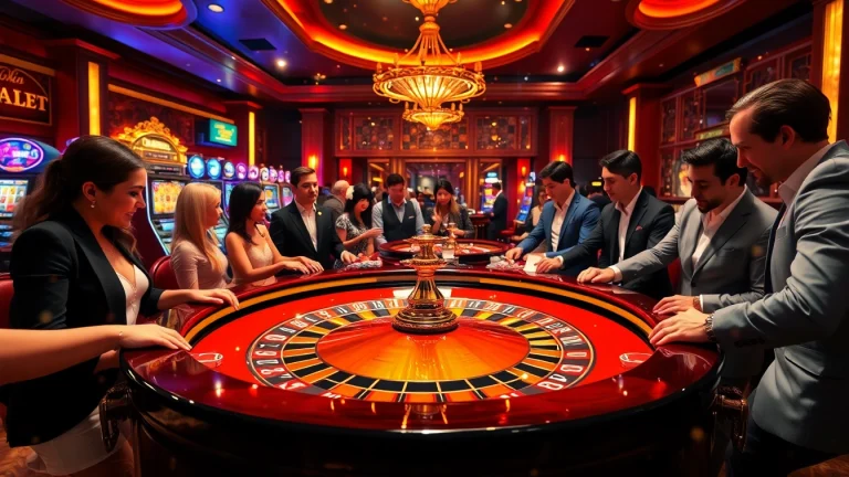 Players enjoying an exciting game at the luck8 casino roulette table, showcasing vibrant gambling energy.