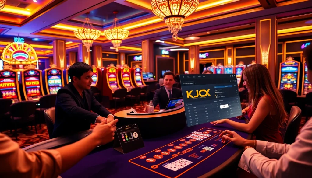 Players engaging at a KJC live casino table, showcasing excitement in a luxurious gambling environment.