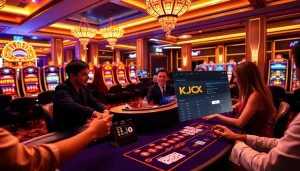 Players engaging at a KJC live casino table, showcasing excitement in a luxurious gambling environment.