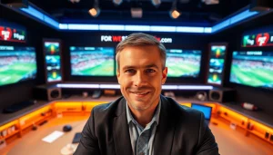 Engaging sports broadcasting scene showcasing a host in action with live game footage and vibrant ambiance.