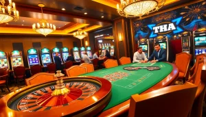 Casino gaming scene showcasing THA BET excitement with poker chips and roulette wheel.