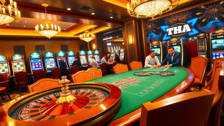 Casino gaming scene showcasing THA BET excitement with poker chips and roulette wheel.