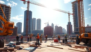 Austin construction site featuring workers and cranes under a bright skyline.