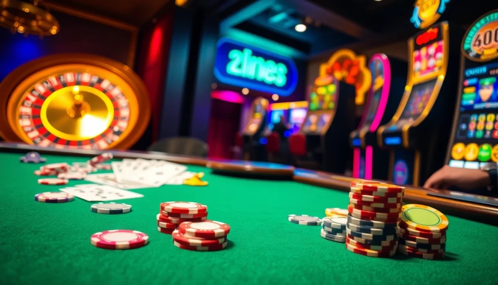 Experience the thrill of gambling at FIVE 88 with vibrant tables, poker chips, and a roulette wheel.