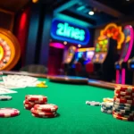 Experience the thrill of gambling at FIVE 88 with vibrant tables, poker chips, and a roulette wheel.