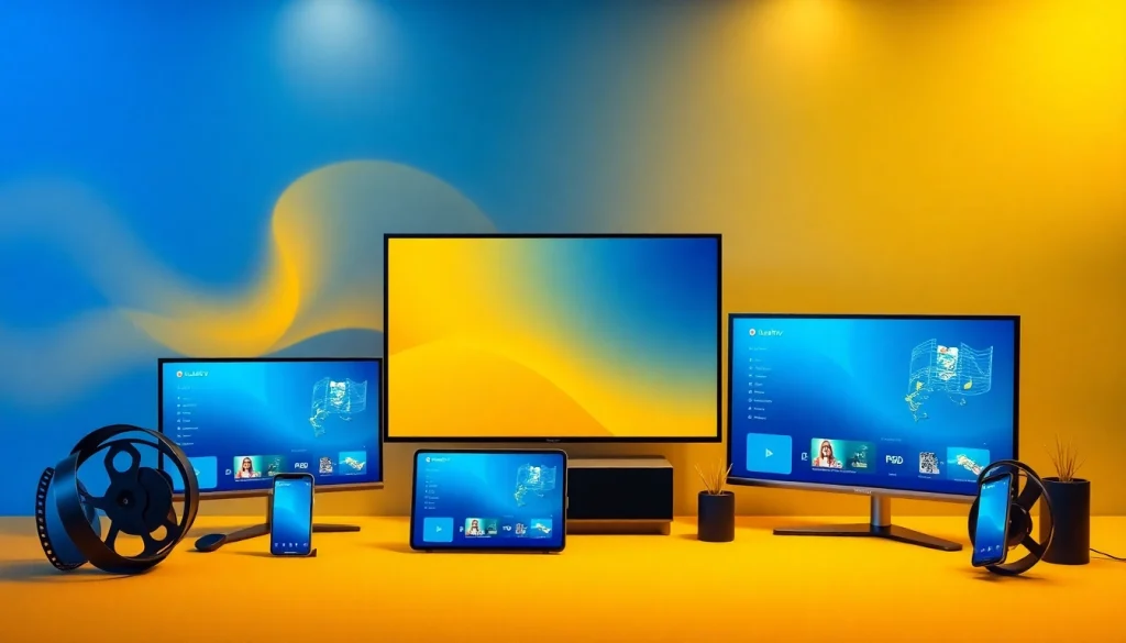 Dynamic and modern promotional poster for Lauthaitv showcasing streaming services across multiple devices.