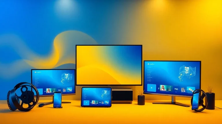 Dynamic and modern promotional poster for Lauthaitv showcasing streaming services across multiple devices.