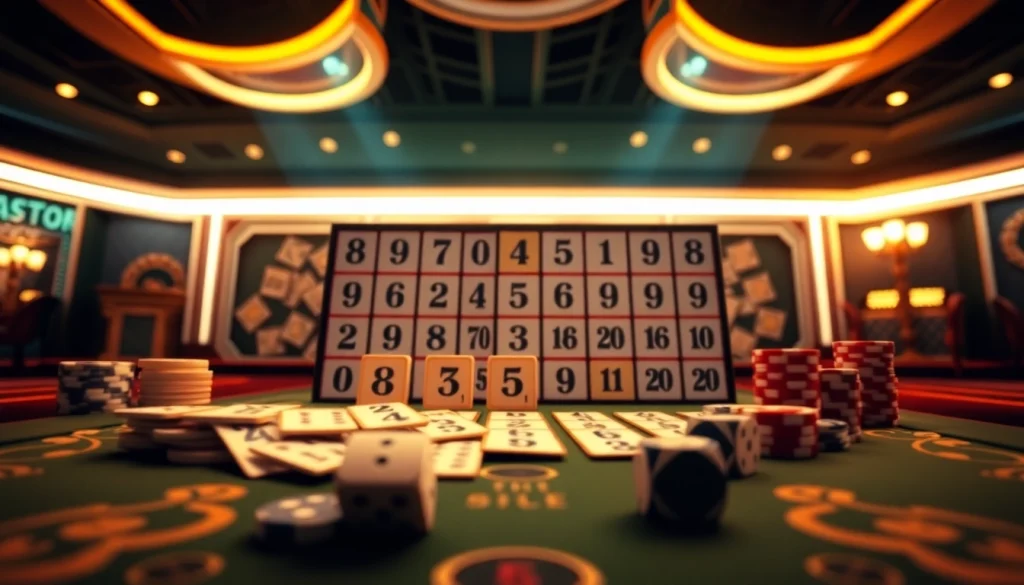 Engage in רמיקוב אונליין gameplay with a vibrant casino scene showcasing tiles and poker chips.