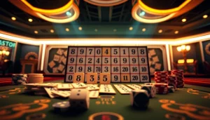 Engage in רמיקוב אונליין gameplay with a vibrant casino scene showcasing tiles and poker chips.