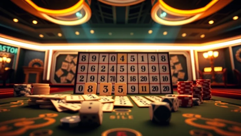 Engage in רמיקוב אונליין gameplay with a vibrant casino scene showcasing tiles and poker chips.