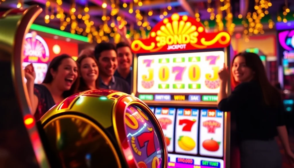 Slot depo 1k menunjukkan mesin slot warna-warni dengan pemain merayakan kemenangan.