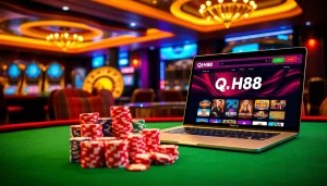 Experience the thrill of QH88 gaming with vibrant casino tables and dynamic slot machines.