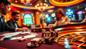 Gamblers at the casino table with TT88 poker chips, showcasing excitement and luxury in gaming.