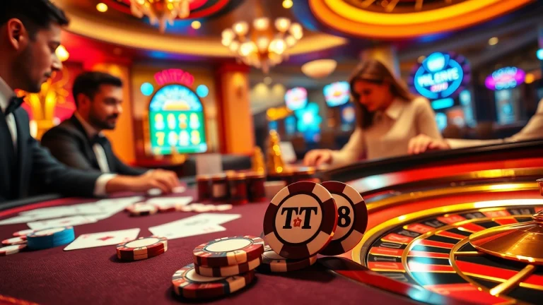 Gamblers at the casino table with TT88 poker chips, showcasing excitement and luxury in gaming.