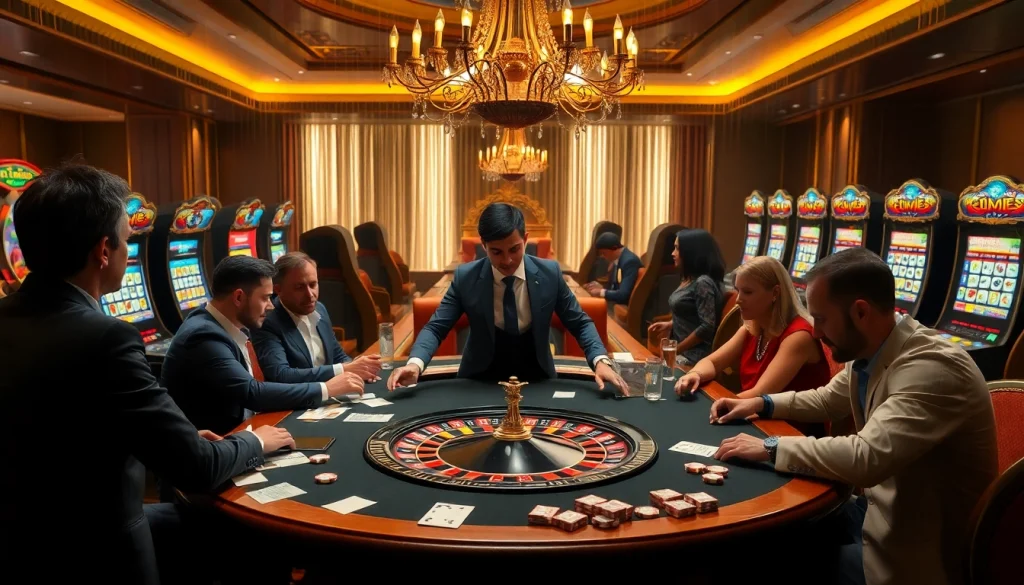 Players enjoying a luxury casino experience with GK88 branding subtly integrated.
