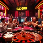 Excited players celebrating a win at a luxurious casino table featuring GO99 games.