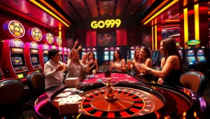 Excited players celebrating a win at a luxurious casino table featuring GO99 games.