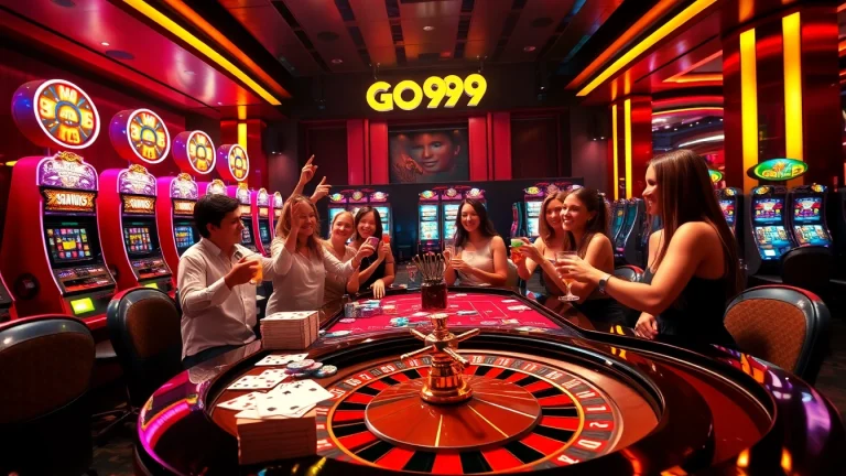 Excited players celebrating a win at a luxurious casino table featuring GO99 games.