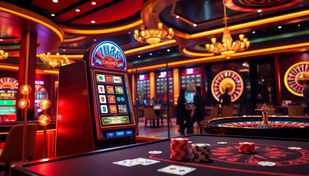 Experience the thrill of uu88 nổ hũ with vibrant slot machines and active players in a luxurious casino.