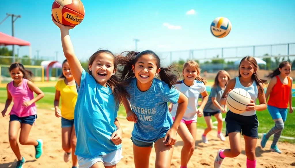 Girls participating in lively Multi Sports Camps for Girls, showcasing teamwork and fun.