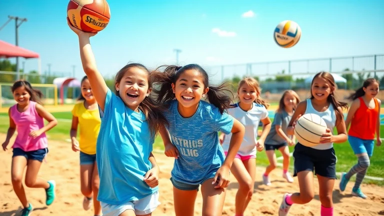 Girls participating in lively Multi Sports Camps for Girls, showcasing teamwork and fun.