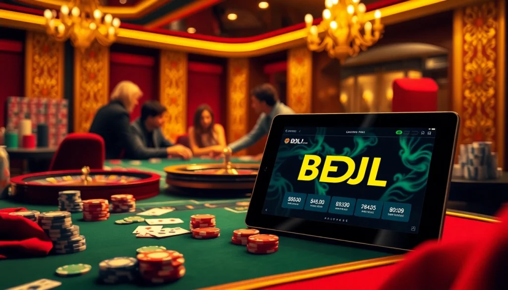 BDJL players strategizing at a luxurious casino table with poker chips and cards.