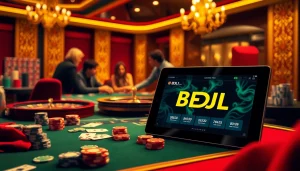 BDJL players strategizing at a luxurious casino table with poker chips and cards.