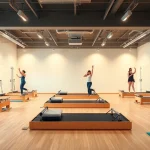 日本・台東区のピラティススタジオ。リフォーマーとマットを使ってピラティスのエクササイズを行う人々。