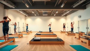 日本・台東区のピラティススタジオ。リフォーマーとマットを使ってピラティスのエクササイズを行う人々。