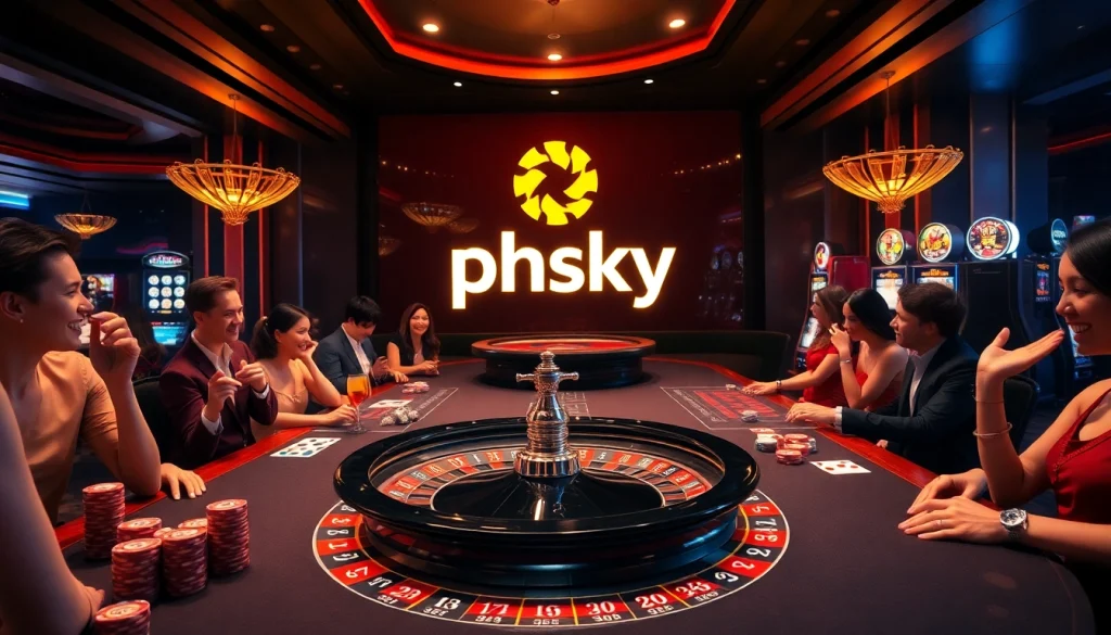 Experience the excitement of phsky with vibrant roulette wheels, poker tables, and glowing casino elements.
