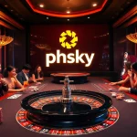Experience the excitement of phsky with vibrant roulette wheels, poker tables, and glowing casino elements.