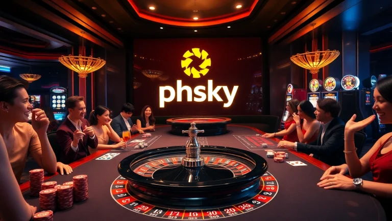 Experience the excitement of phsky with vibrant roulette wheels, poker tables, and glowing casino elements.