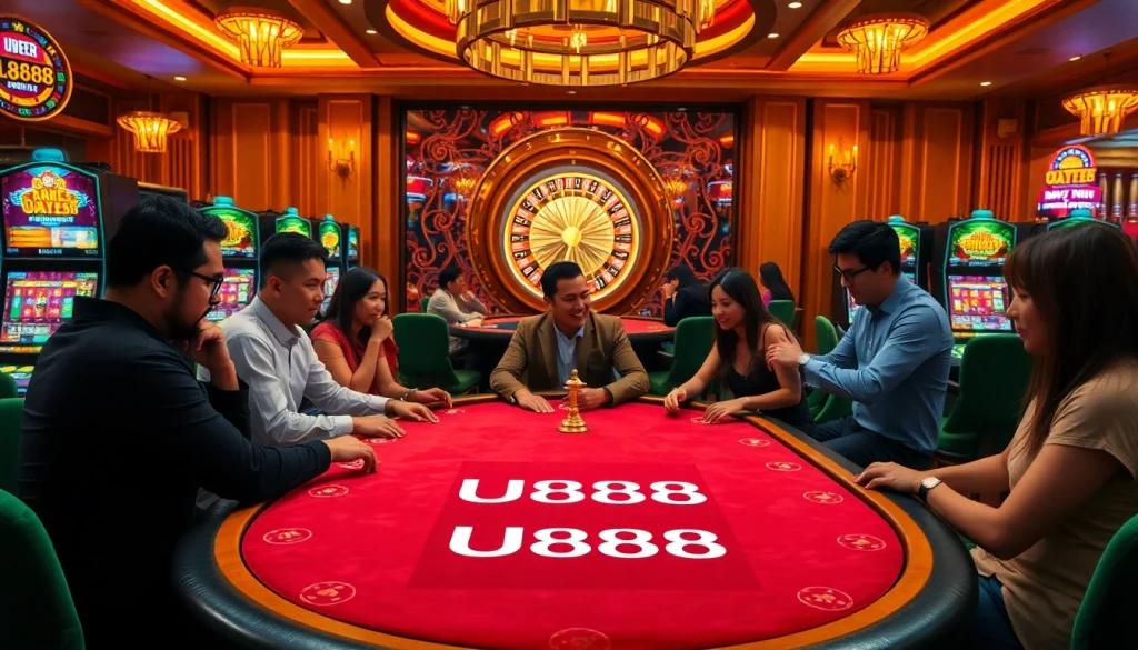 Engaged players at a U888 branded casino table celebrating a thrilling win.