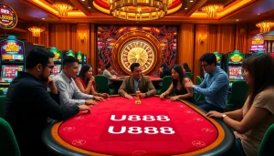 Engaged players at a U888 branded casino table celebrating a thrilling win.