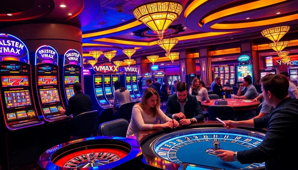 VMAX players engaging in exciting slot and roulette games at a luxury casino.